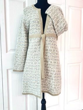 I.E. RELAXED ~ Beige/Gray/Cream Knit/Wool Long Open Front Cardigan with Belt